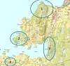 Dei fire sirklane markere i kva område utsiktrydding vil finne stad dei næraste to åra: 1: Frå Sæbøvika mot Honsvika langs Osnesvegen. 2: På Osnes, langs Osnesvegen og Olav Viks veg. 3: I Osvåg, langs E134 og Gamlevegen langs sjøen. 4: På Meland, ved den gamle skulen mellom Søstrandsvegen og sjøen (4).