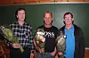 Kjell Einar Eide (t.v.), Leif Martin Ramsvik og Egil Eide (t.h.) hausta blomar, heider og ære for å ha oppnådd den prestisjetunge sølvtina for mjølkeproduksjon.Foto: Øystein Birkenes