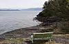 Frå den grønmåla benken kan ein nyta vakker utsikt over fjorden.Foto: Irene Mæland Haraldsen