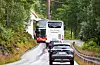 Frå og med 1. januar vil det berre vere lov for utanlandske bussar å køyre med passasjerar på norske vegar maksimalt 20 dagar i strekk og maksimalt 30 dagar i året. Foto: Frederik Ringnes / NTB / NPK